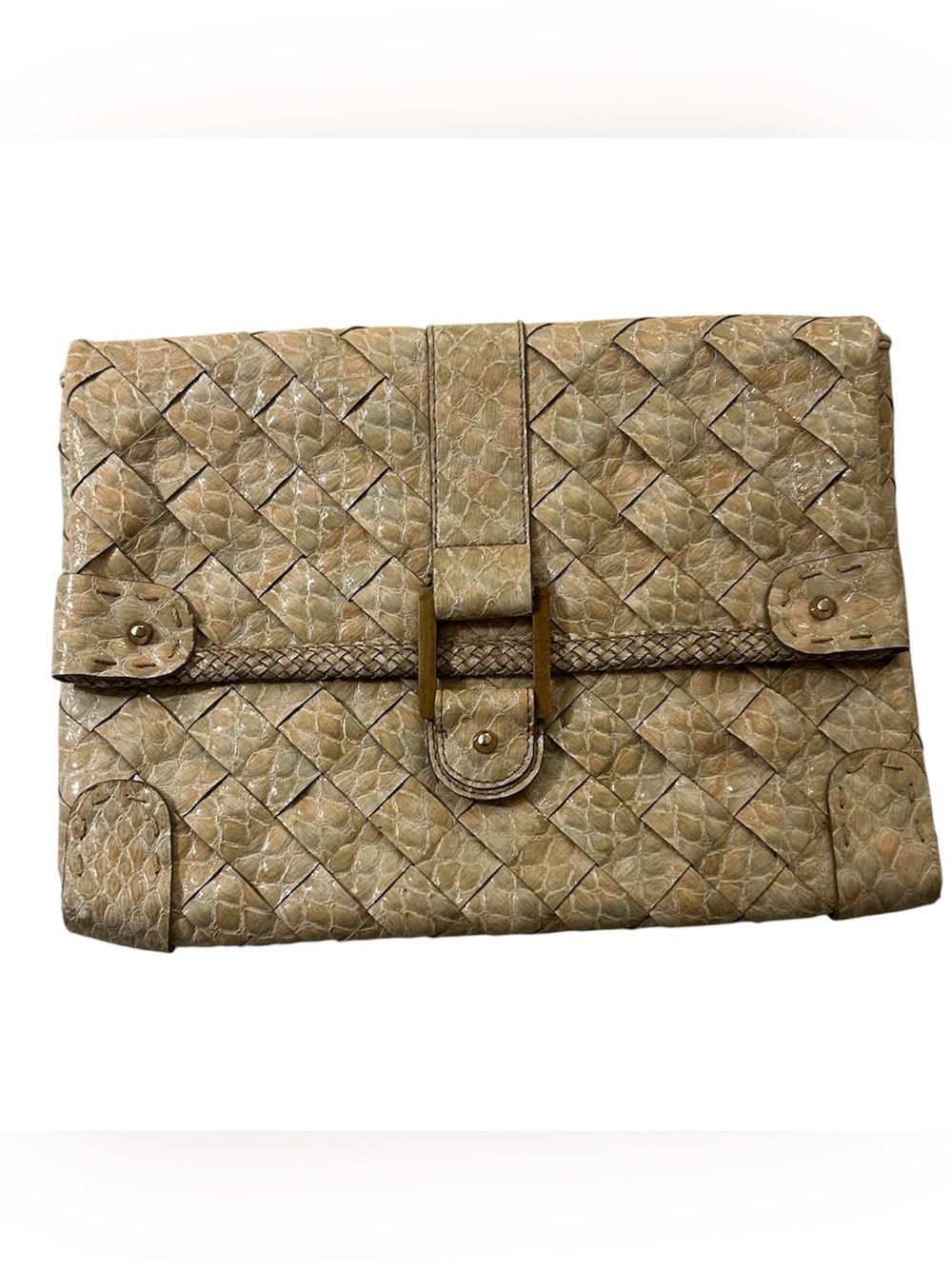Jessica Simpson Woven Faux Snakeskin Clutch Oversized Envelope Neutral Y2K